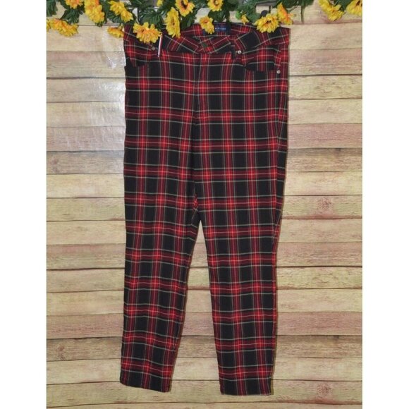 Tommy Hilfiger Red Tartan Plaid Crop Ankle Skinny Pants Size 12 Pockets Academia - Picture 1 of 9